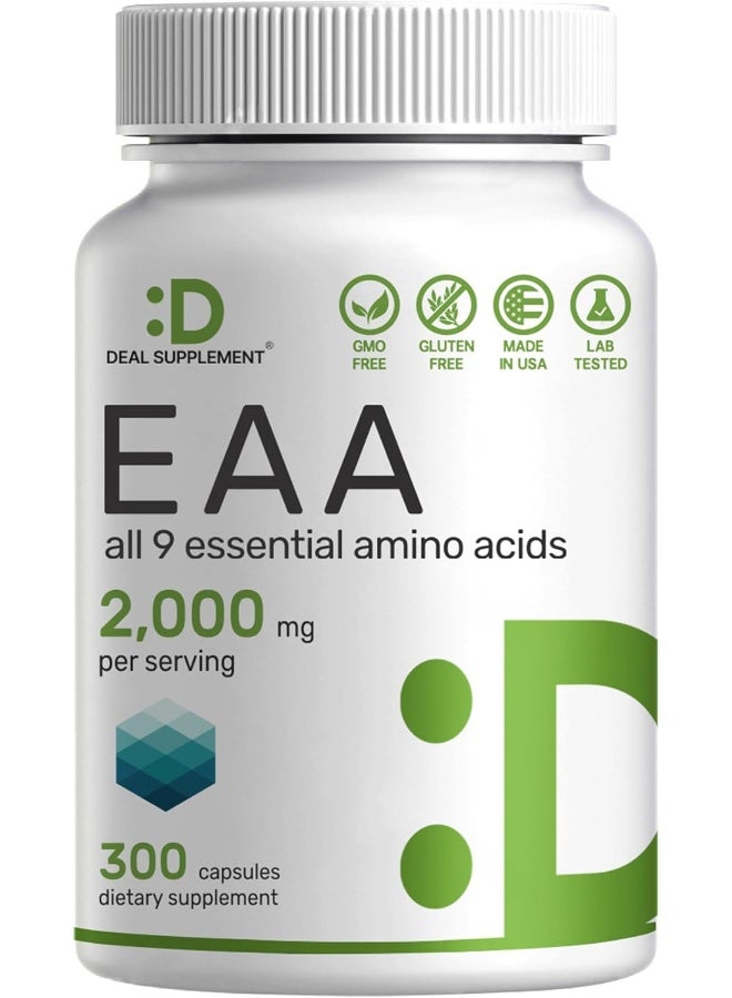 DEAL SUPPLEMENT الأحماض الأمينية الأساسية (EAA) 2000 ملغ لكل حصة، 300 كبسولة - بدون نكهة - 9 في 1، جميع BCAAs (الأحماض الأمينية ذات السلسلة المتفرعة) - دعم العضلات النحيفة ومكمل طبيعي قبل التمرين - Image 1