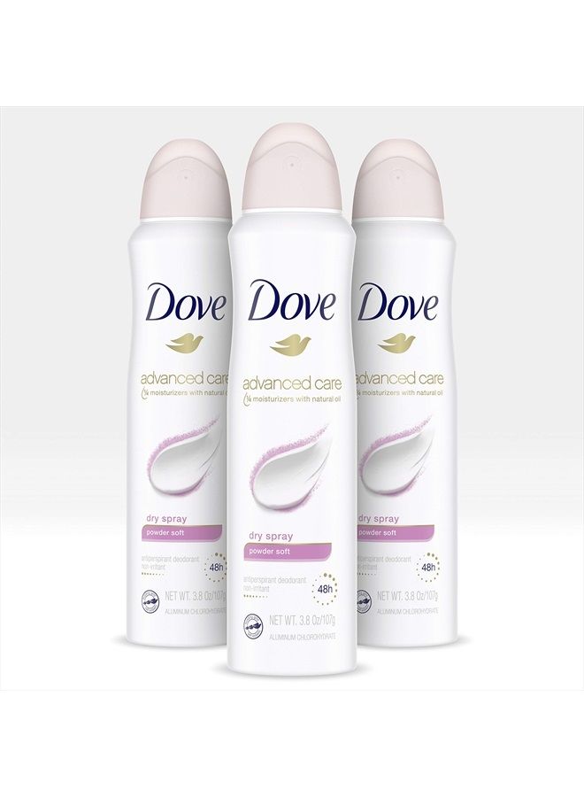 Dove مزيل العرق الجاف المضاد للتعرق Advanced Care Dry Spray للنساء، بودرة ناعمة، لحماية تدوم 48 ساعة ومنطقة تحت الإبط ناعمة ومريحة، 3.8 أونصة (عبوة من 3 قطع) - Image 1