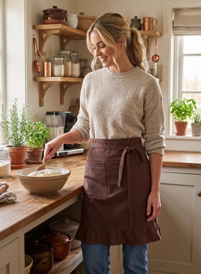 Zulzifs Half Apron for Women, Linen Cotton Ruffle Adjustable Waist Apron With Pocket Waitress Apron for Gardening Kitchen - Image 2