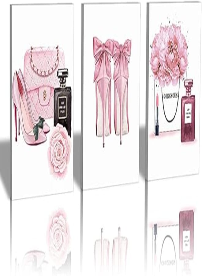 HPNIUB Fashion Women Art Print Pink High Heels Flowers Painting Set of 3 Pieces (11.8x15.6inch) Canvas Perfume Poster With Framed Ready to Hang for Girls Gift Bedroom Dressing room 