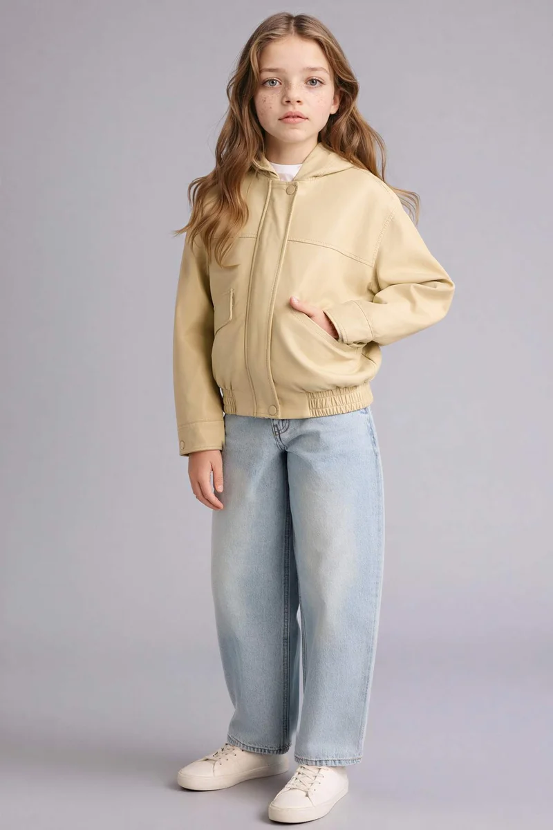 Defacto Girl Hooded Faux Leather Jacket