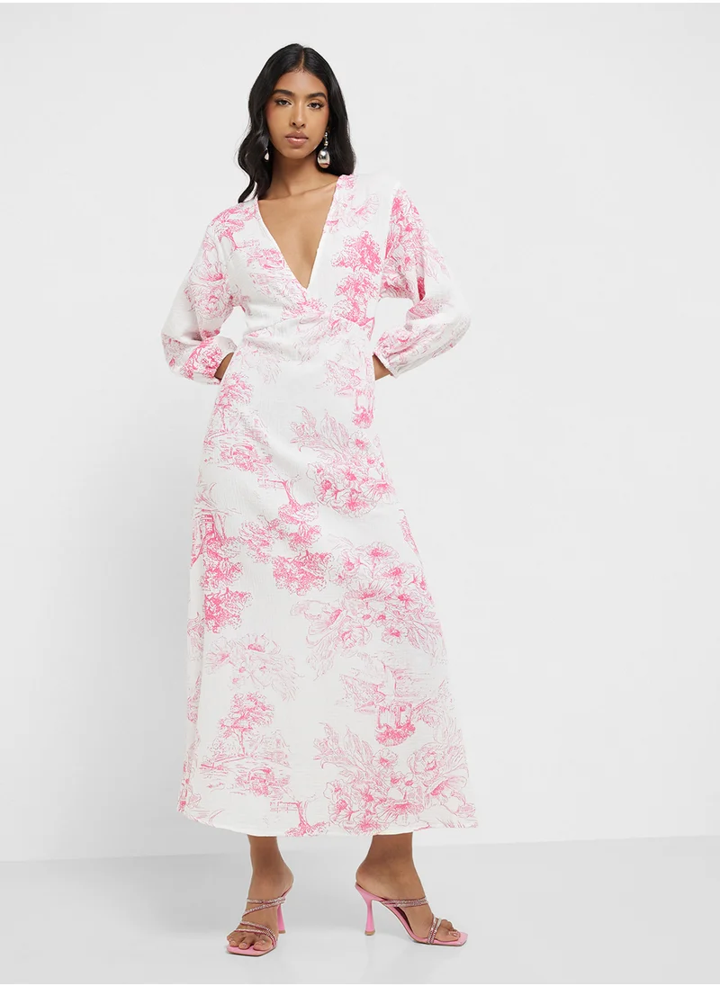 جينجر V Neck Floral Print A Line Dress