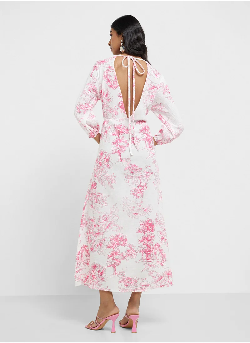 جينجر V Neck Floral Print A Line Dress