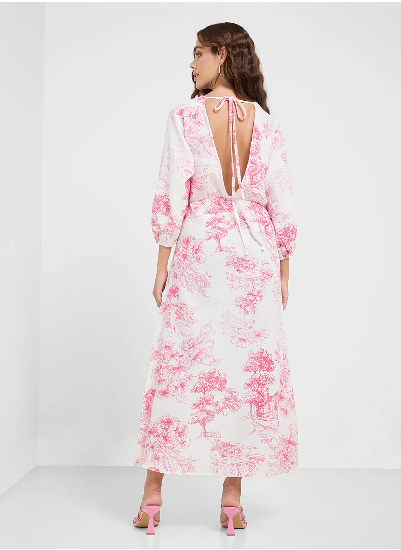 جينجر V Neck Floral Print A Line Dress
