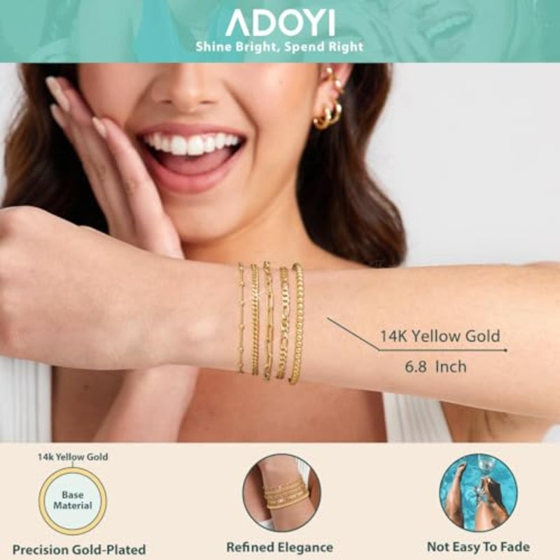 14K Gold Plated Bracelets for Women - Stackable Paperclip and Cuban Link Chain Set Adjustable Layered Bracelets Waterproof, Gift-Ready Jewelry for Her - Image 5