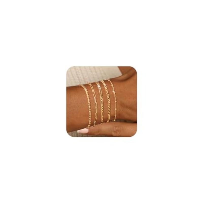14K Gold Plated Bracelets for Women - Stackable Paperclip and Cuban Link Chain Set Adjustable Layered Bracelets Waterproof, Gift-Ready Jewelry for Her - Image 1