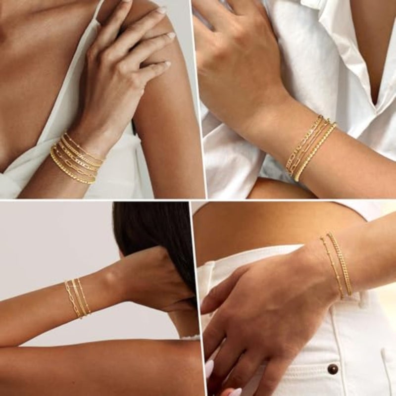 14K Gold Plated Bracelets for Women - Stackable Paperclip and Cuban Link Chain Set Adjustable Layered Bracelets Waterproof, Gift-Ready Jewelry for Her - Image 3