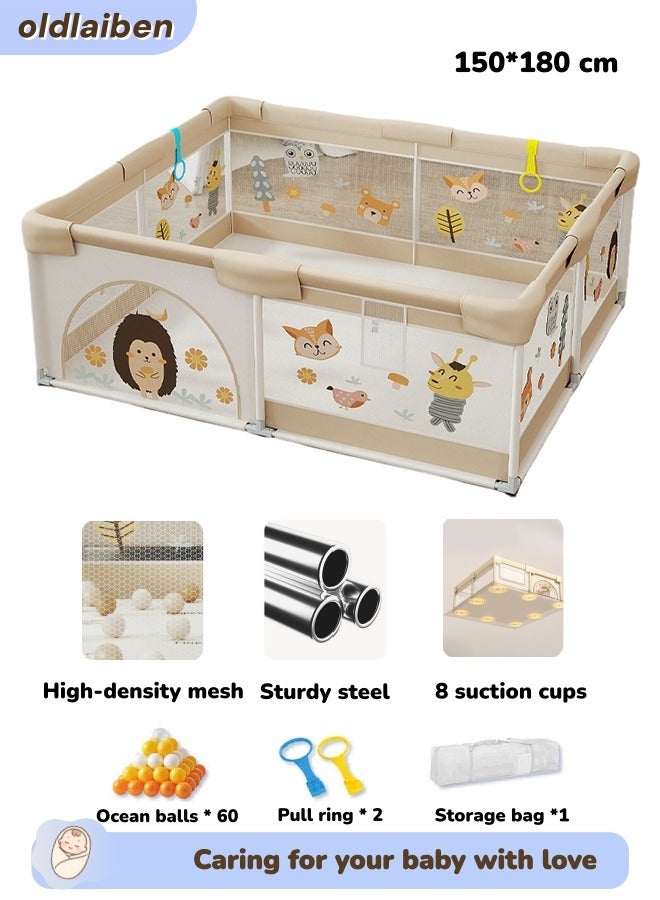 oldlaiben Baby Playpen 150*180cm,Foldable Baby Playpen,Baby Indoor Crawling Safety Fence,Baby Playard For Babies And Toddlers,Indoor And Outdoor Kids Activity Center,With 60 Ocean Balls,4 Hand Pull Ring,1 Storage Bag,Breathable Mesh Anti-Fall Playpen - Image 1
