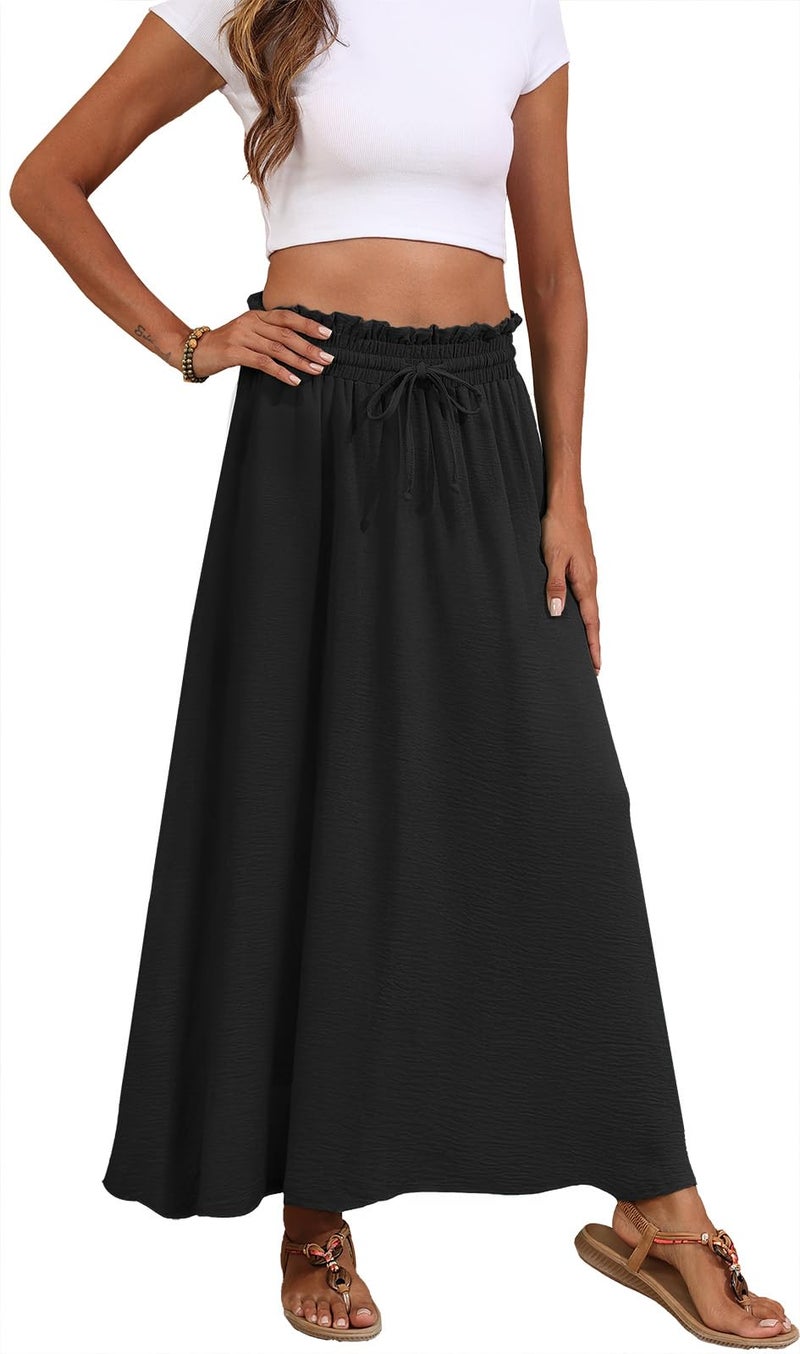 Askyes Womens Black Maxi Skirts Elastic High Waisted Tie Knot Cute Flowy Beach Boho Long Skirts with Pockets,L - Image 5