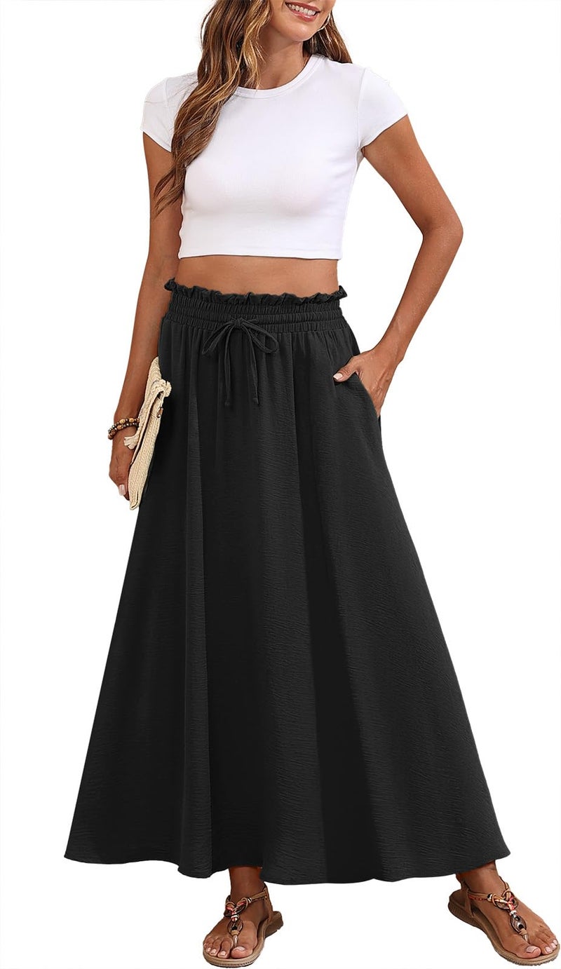 Askyes Womens Black Maxi Skirts Elastic High Waisted Tie Knot Cute Flowy Beach Boho Long Skirts with Pockets,L - Image 1