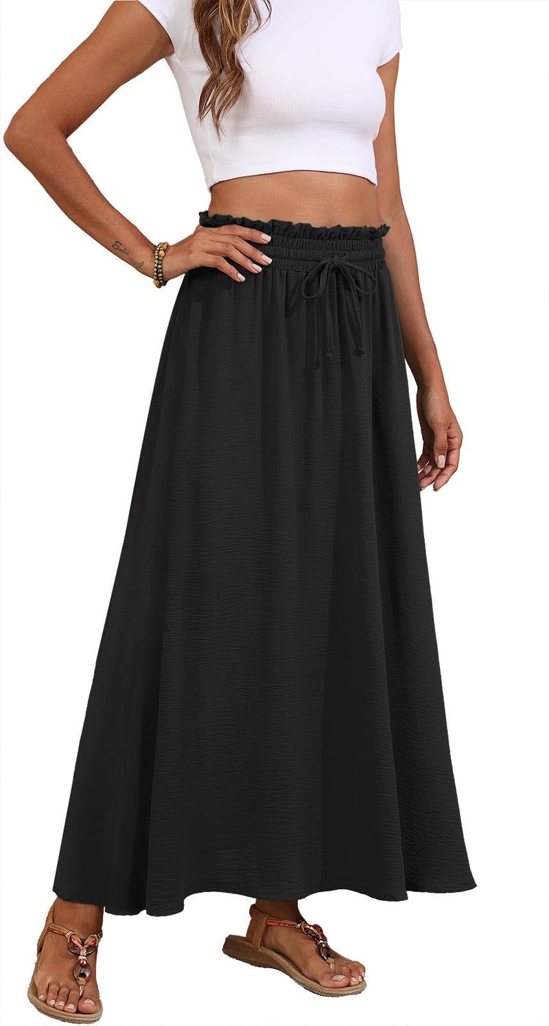 Askyes Womens Black Maxi Skirts Elastic High Waisted Tie Knot Cute Flowy Beach Boho Long Skirts with Pockets,L - Image 4