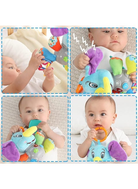 Multifunctional Luminous Plush Elephant Baby Music Toy, with 12 Songs and Various Sounds of Nature, Equipped with Suspension, as a Teething Toy, Apply for Car Seats, Cribs and Strollers