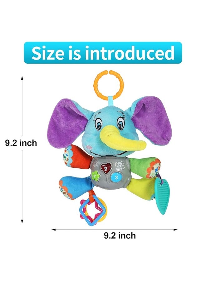 Multifunctional Luminous Plush Elephant Baby Music Toy, with 12 Songs and Various Sounds of Nature, Equipped with Suspension, as a Teething Toy, Apply for Car Seats, Cribs and Strollers