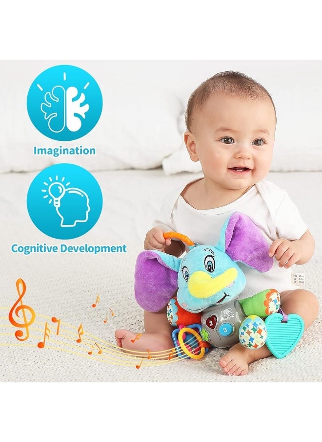 Multifunctional Luminous Plush Elephant Baby Music Toy, with 12 Songs and Various Sounds of Nature, Equipped with Suspension, as a Teething Toy, Apply for Car Seats, Cribs and Strollers