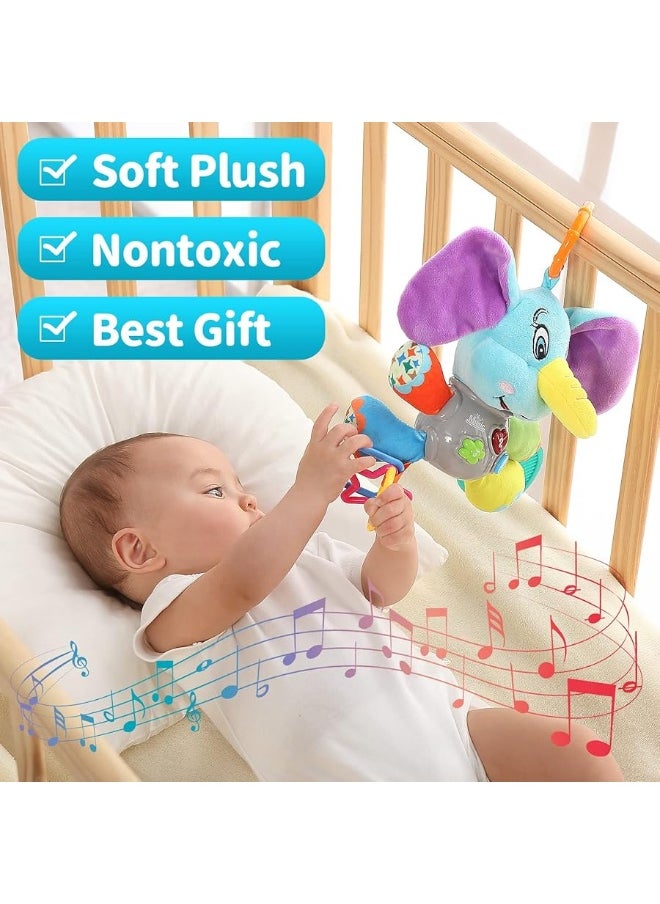 Multifunctional Luminous Plush Elephant Baby Music Toy, with 12 Songs and Various Sounds of Nature, Equipped with Suspension, as a Teething Toy, Apply for Car Seats, Cribs and Strollers