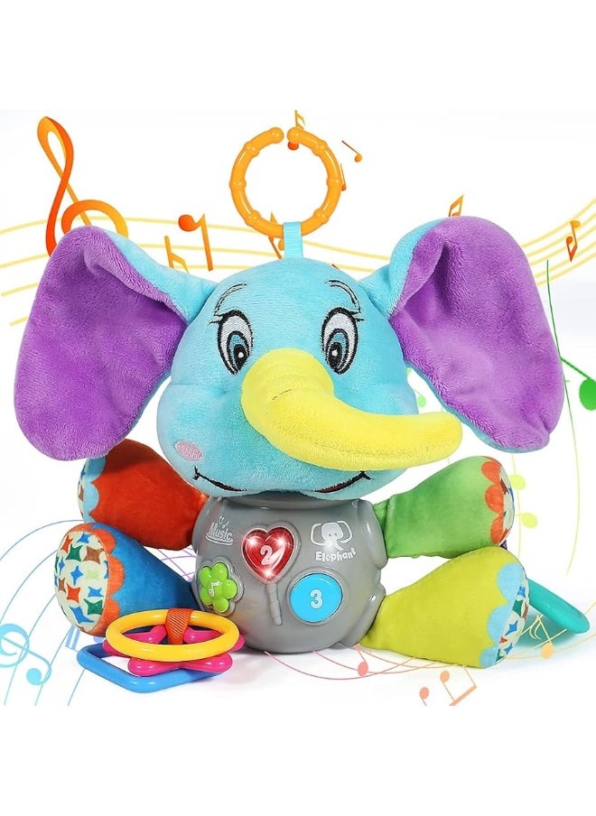 Multifunctional Luminous Plush Elephant Baby Music Toy, with 12 Songs and Various Sounds of Nature, Equipped with Suspension, as a Teething Toy, Apply for Car Seats, Cribs and Strollers