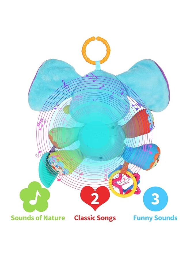 Multifunctional Luminous Plush Elephant Baby Music Toy, with 12 Songs and Various Sounds of Nature, Equipped with Suspension, as a Teething Toy, Apply for Car Seats, Cribs and Strollers