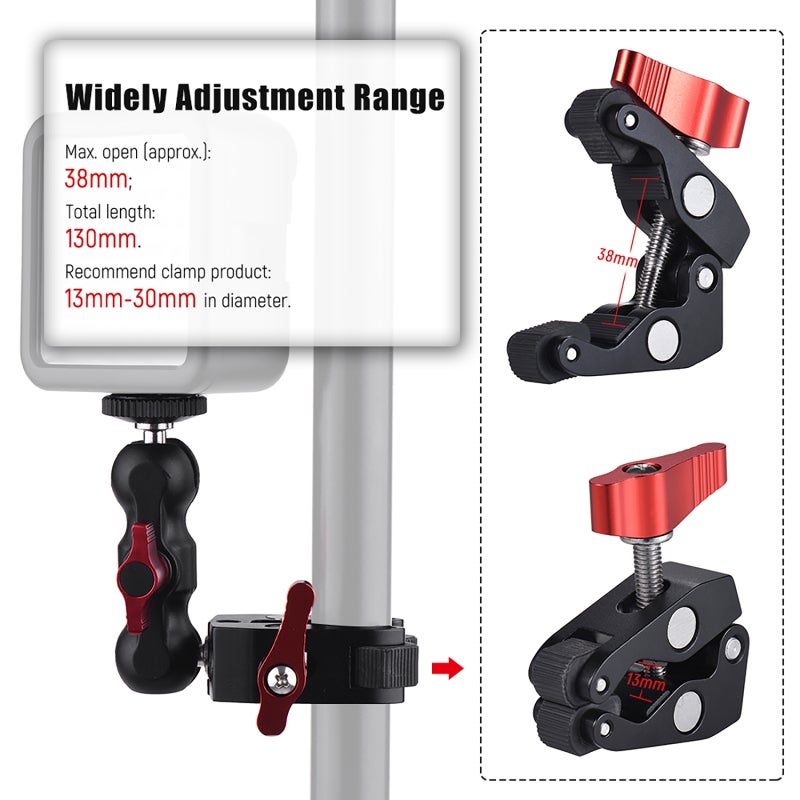 ANDOER Ball Head Clamp 38mm Max Open 130mm Total Length Anti-Rust Stainless Steel Construction - Versatile 1/4"-20 & 3/8"-16 Fittings Magic Arm for Photo Industry Tripod & Monitor Attachments - Image 3