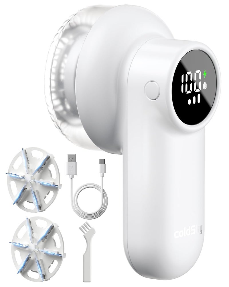 coldSky Rechargeable Fabric Shaver Lint Shaver with Digital Display Sweater Shaver with 6Leaf Blades and Safety Lock 3Speeds Defuzzer Remove Fuzz Pills from Clothes Furniture Sofa White