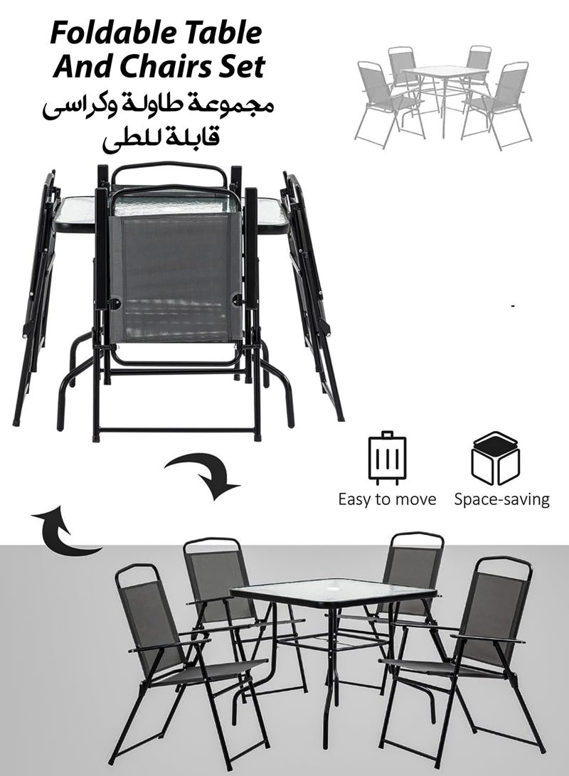 توشيونيكس طقم طاولة طعام من 5 قطع مع 4 كراسي قابلة للطي وطاولة مربعة من الزجاج المقسّى - أثاث عصري للمطبخ وغرفة الطعام للمساحات الصغيرة والشقق والشرفات والباحات الداخلية والخارجية - إطار فولاذي مقاوم للصدأ، وقماش مقاوم للأشعة فوق البنفسجية قابل للتهوية، وموفر للمساحة، ومتين وسهل التجميع - Image 2
