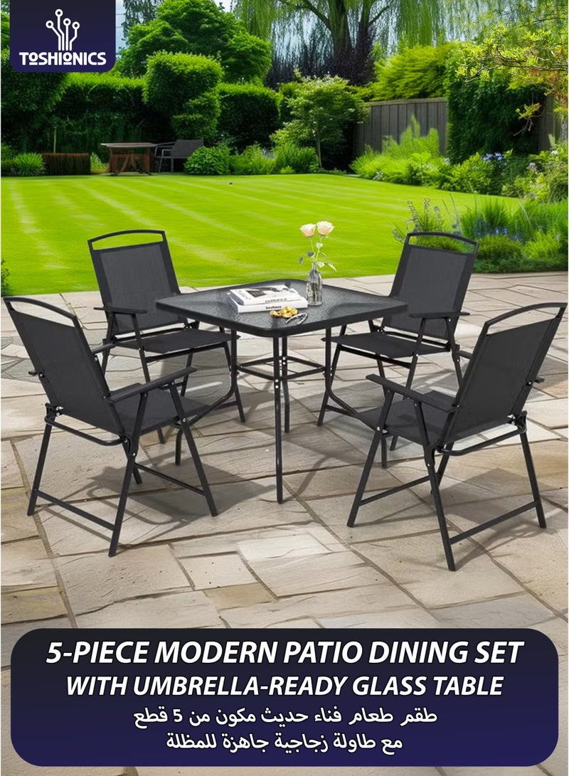 توشيونيكس طقم طاولة طعام من 5 قطع مع 4 كراسي قابلة للطي وطاولة مربعة من الزجاج المقسّى - أثاث عصري للمطبخ وغرفة الطعام للمساحات الصغيرة والشقق والشرفات والباحات الداخلية والخارجية - إطار فولاذي مقاوم للصدأ، وقماش مقاوم للأشعة فوق البنفسجية قابل للتهوية، وموفر للمساحة، ومتين وسهل التجميع - Image 1