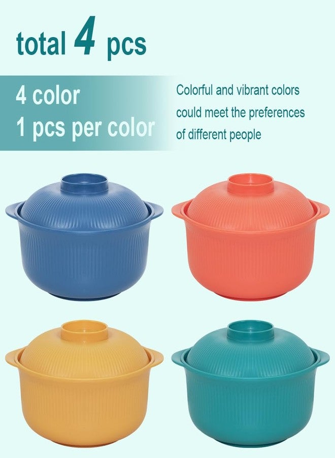 Oylnidea 4pcs Unbreakable Cereal Bowls with Lids - Microwave & Dishwasher Safe BPA-Free Plastic Striped Pot Bowls for Family, Kids, Camping - Non-Slip, Eco Wheat Straw Soup Bowls (40oz) - Image 4