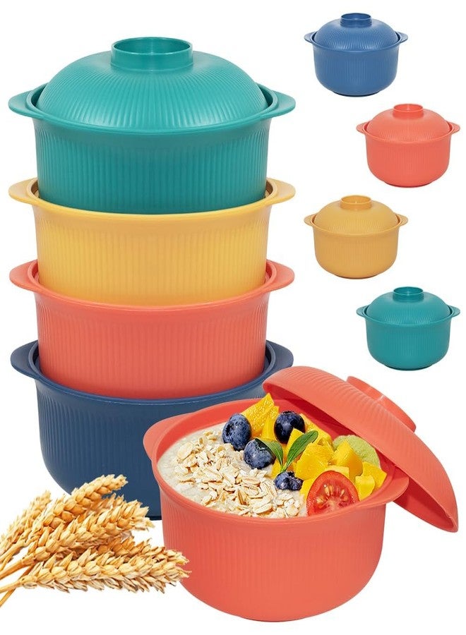 Oylnidea 4pcs Unbreakable Cereal Bowls with Lids - Microwave & Dishwasher Safe BPA-Free Plastic Striped Pot Bowls for Family, Kids, Camping - Non-Slip, Eco Wheat Straw Soup Bowls (40oz) - Image 1