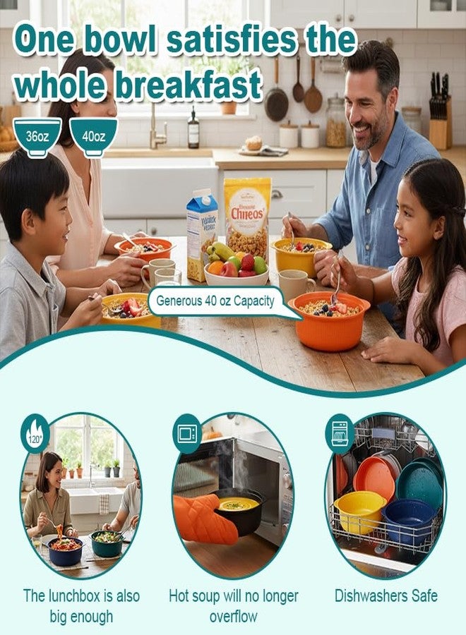 Oylnidea 4pcs Unbreakable Cereal Bowls with Lids - Microwave & Dishwasher Safe BPA-Free Plastic Striped Pot Bowls for Family, Kids, Camping - Non-Slip, Eco Wheat Straw Soup Bowls (40oz) - Image 2