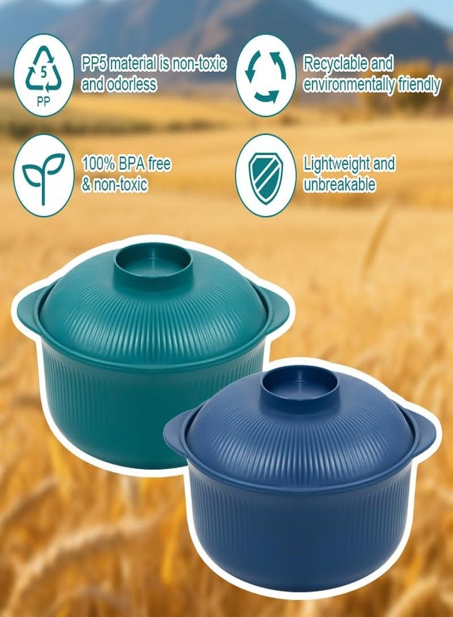 Oylnidea 4pcs Unbreakable Cereal Bowls with Lids - Microwave & Dishwasher Safe BPA-Free Plastic Striped Pot Bowls for Family, Kids, Camping - Non-Slip, Eco Wheat Straw Soup Bowls (40oz) - Image 5
