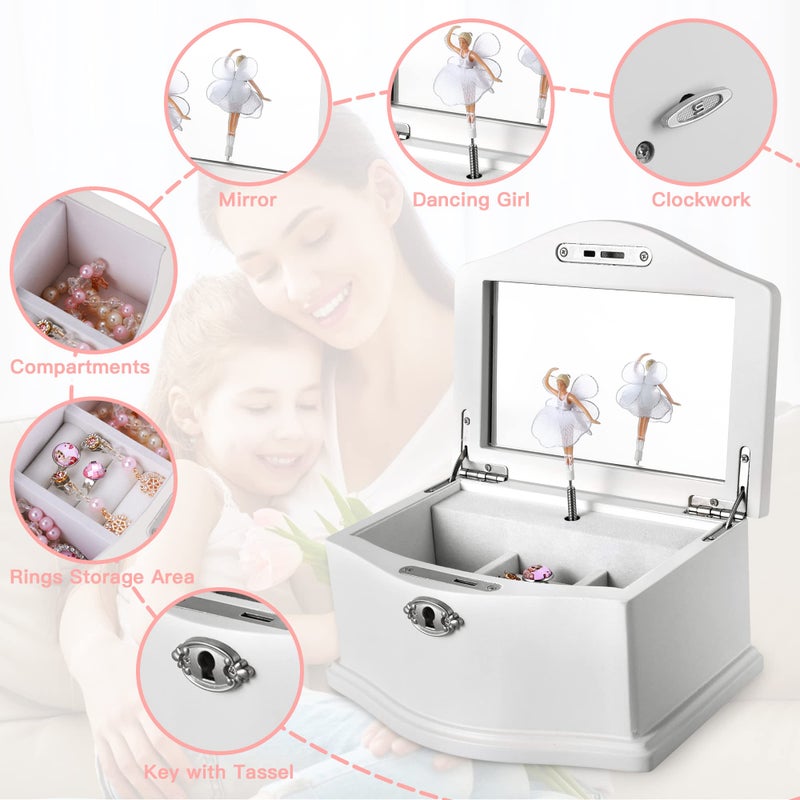 Jozen Gift Wooden Ballerina Medium White Musical Jewelry Box with Mirror and Lock for girlsï¼ŒKid's Jewelry Storage Music Box,Gifts for Christmas,Birthday and all Holidays - Image 3
