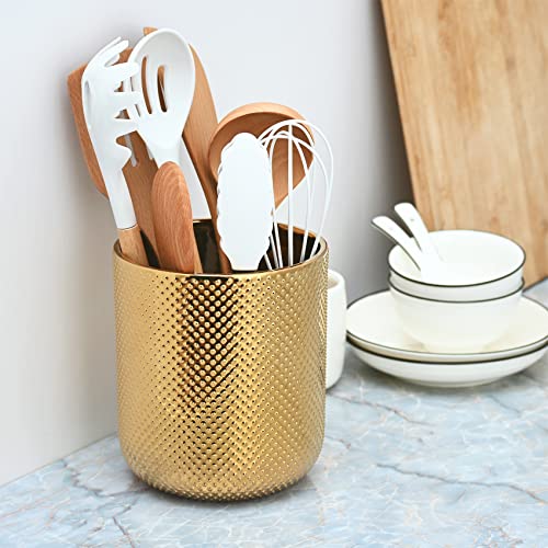 Satu Brown Ceramic Utensil Holder for Kitchen Counter, Gold Utensil Holder for Countertop, 5.1 W x 6.6 H inches - Image 3