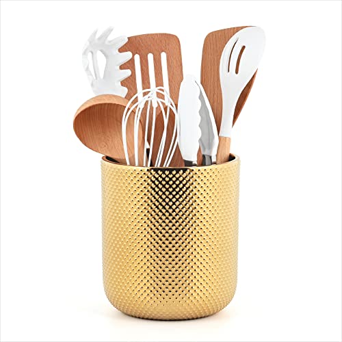Satu Brown Ceramic Utensil Holder for Kitchen Counter, Gold Utensil Holder for Countertop, 5.1 W x 6.6 H inches - Image 1