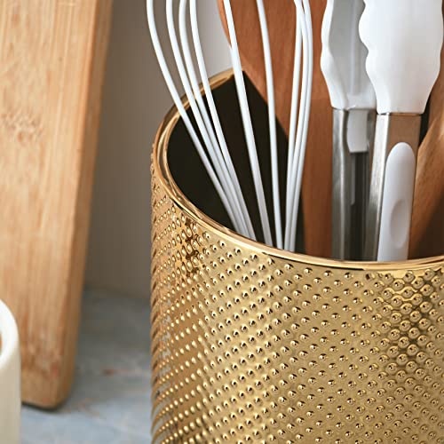 Satu Brown Ceramic Utensil Holder for Kitchen Counter, Gold Utensil Holder for Countertop, 5.1 W x 6.6 H inches - Image 5
