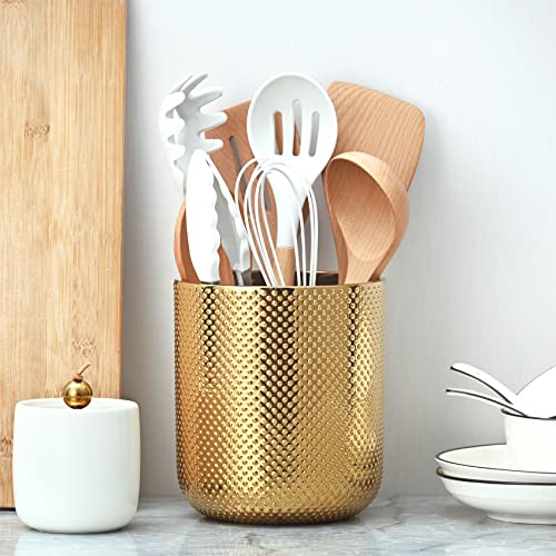 Satu Brown Ceramic Utensil Holder for Kitchen Counter, Gold Utensil Holder for Countertop, 5.1 W x 6.6 H inches - Image 4