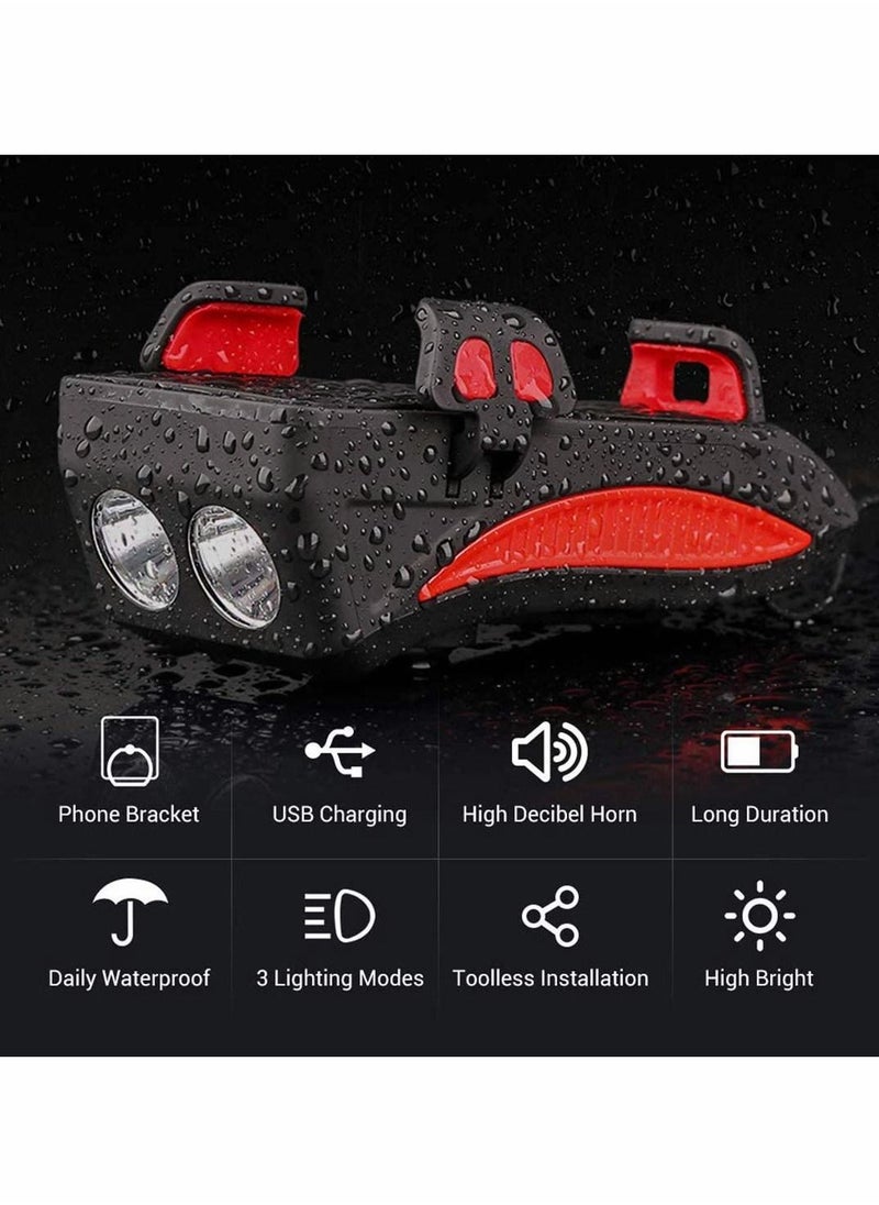 Y&D Bike Lights with Phone Holder, LED headlight Rechargeable USB bicycle bracket horn 4 in 1 Bicycle Front Light  - Image 3