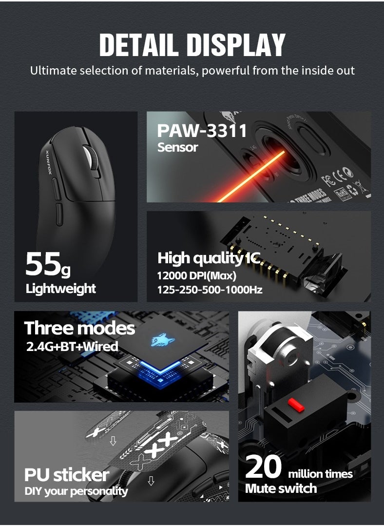 XUNFOX XunFox H8 Tri-Mode Wireless Gaming Mouse – 2.4G, Bluetooth & Wired – Ultra-Lightweight 59g – Adjustable 12,000 DPI – 4-Tier Polling Rate – Long Battery Life – Ergonomic RGB Mouse for PC, Mac, Laptop (Black)  - Image 3