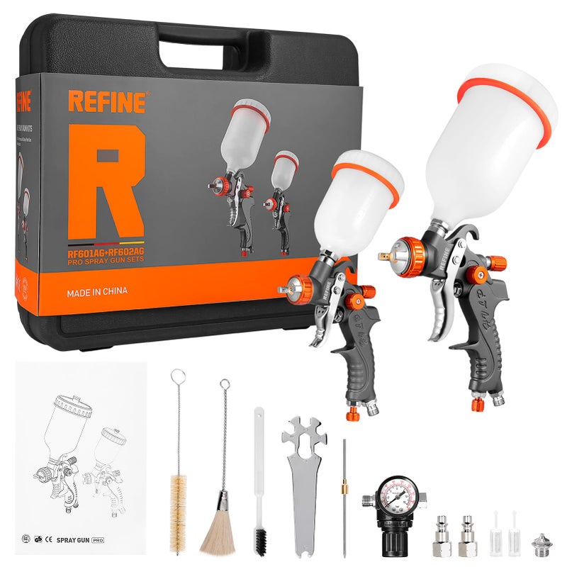 REFINE HVLP Air Gravity Spray Gun Sets, 2-Spray Paint Gun, 1.0mm 100ml & 1.4/1.7mm 600ml Auto Paint Sprayer Gun with Air Regulator for Car Paint, Primer, Topcoat & Touch-Up, Furniture, House Painting. - Image 1