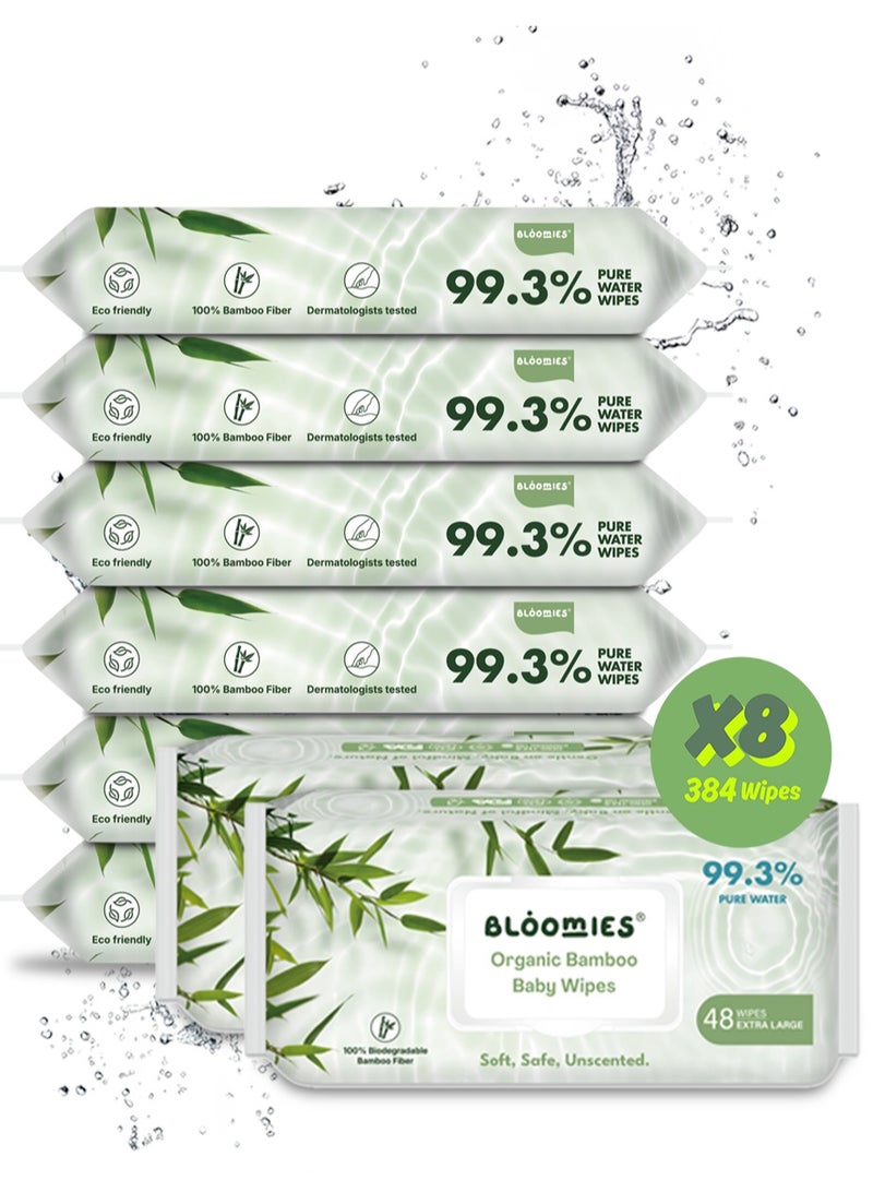 Bloomies Organic Bamboo Baby Wet Wipes, 99.3% Pure Water Wipes, Unscented, Extra Large, Eco-friendly, Soft, 100% Biodegradable Bamboo Fiber, 8 Packs of 48 Wipes (384 Wipes) - Image 1