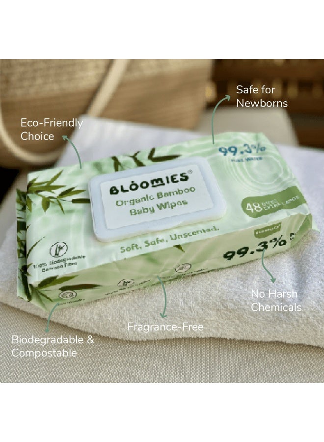 Bloomies Organic Bamboo Baby Wet Wipes, 99.3% Pure Water Wipes, Unscented, Extra Large, Eco-friendly, Soft, 100% Biodegradable Bamboo Fiber, 8 Packs of 48 Wipes (384 Wipes) - Image 4