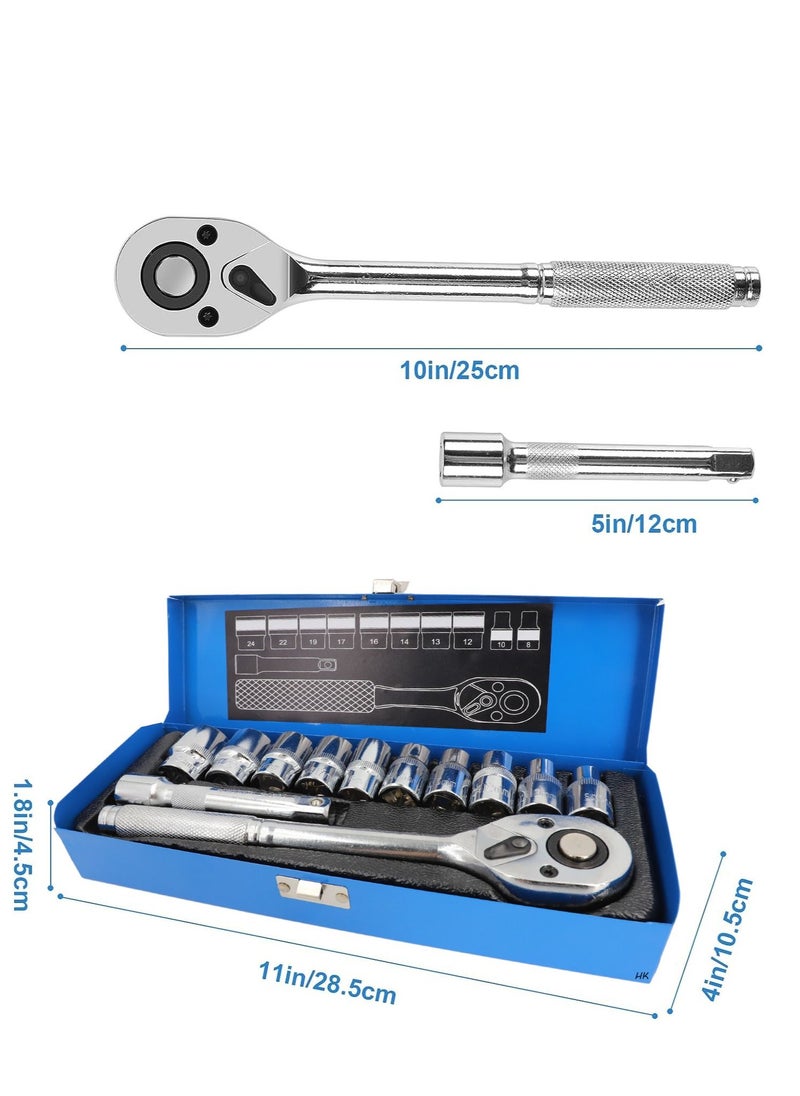 BOSS LIFE STYLE - Metric 1/2'' Drive Socket Set, 12pcs Ratchet Wrench Tool Set, 10pcs 10-24mm Metric Driver with 5'' Extension Bar and 1/2'' Quick Release Ratchet Wrench Iron Box - Image 1