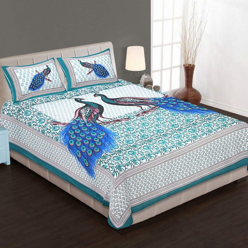 SOMYA GEMS Green Peacock Jaipuri Print Double Bed Sheet with 2 Matching Pillow Covers Pure Cotton Comfortable Sleep Bed Sheet Family Bedsheet - Image 3