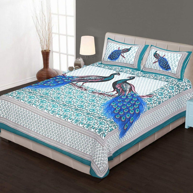 SOMYA GEMS Green Peacock Jaipuri Print Double Bed Sheet with 2 Matching Pillow Covers Pure Cotton Comfortable Sleep Bed Sheet Family Bedsheet - Image 1