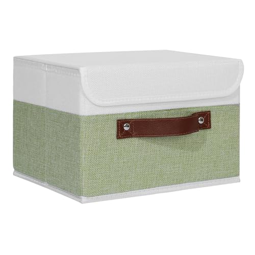 ANMINY Storage Boxes with Lids Washable Decorative Storage Bins Basket with PU Leather Handle Foldable Linen Fabric Storage Cubes Containers for Home Closet Organizer Green White Small Size - Image 1