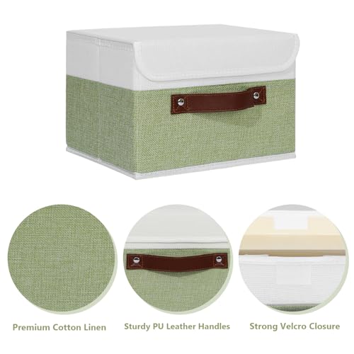 ANMINY Storage Boxes with Lids Washable Decorative Storage Bins Basket with PU Leather Handle Foldable Linen Fabric Storage Cubes Containers for Home Closet Organizer Green White Small Size - Image 3