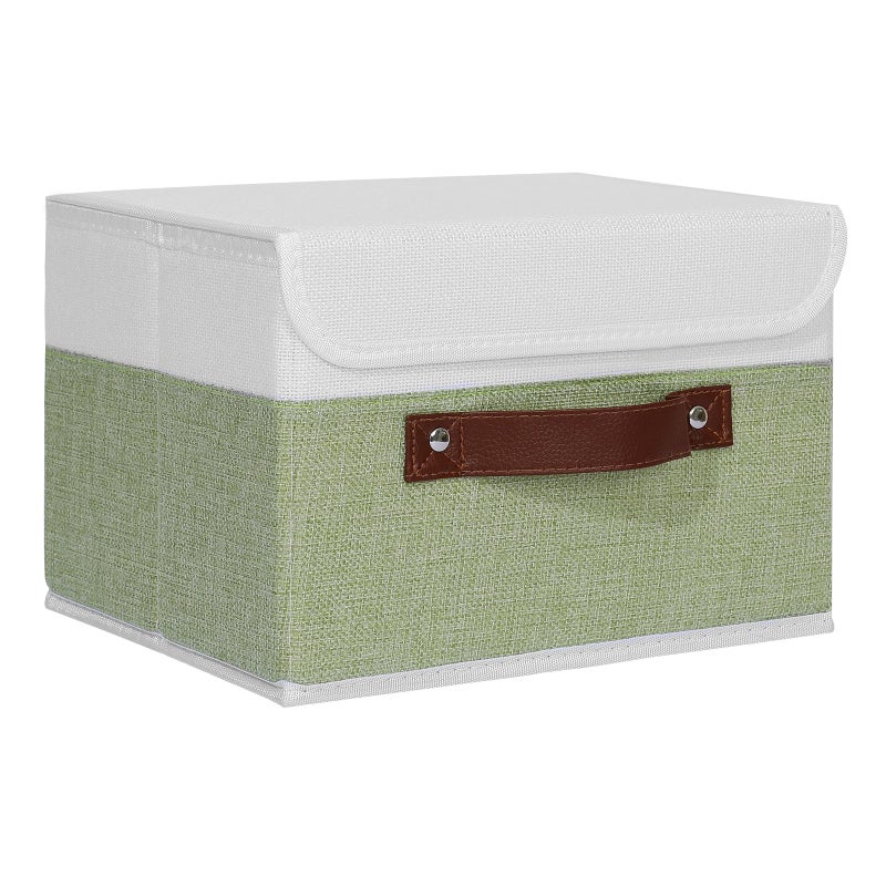 ANMINY Storage Boxes with Lids Washable Decorative Storage Bins Basket with PU Leather Handle Foldable Linen Fabric Storage Cubes Containers for Home Closet Organizer Green White Small Size - Image 2