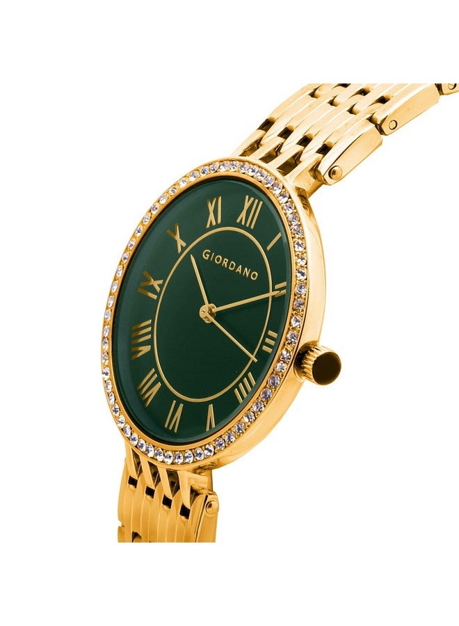 Giordano Eleganza Collection Round Analog Watch for Women, Diamond-Set with Metal Strap Ladies Water Resistant Wrist Watch - A2083 (Green) - Image 2