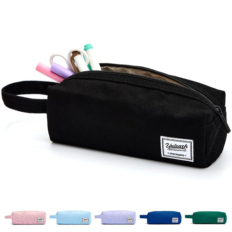 SPACEMATE Pencil Case Pouch Box Bag School Supplies Girls Boys Kids Cute Preppy Stuff Large Big Capacity Aesthetic Canvas Pen Organizer Back to College Stationary Black Simple Style 1200ml