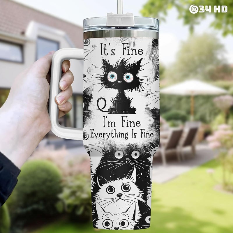 34HD Funny Black Cat 40oz Tumbler with Handle and Straw, Everything Is Fine Stainless Steel Vacuum Insulated Cup, Birthday & Mothers Gifts for Pet Lovers, Him Her and Mom - Image 5