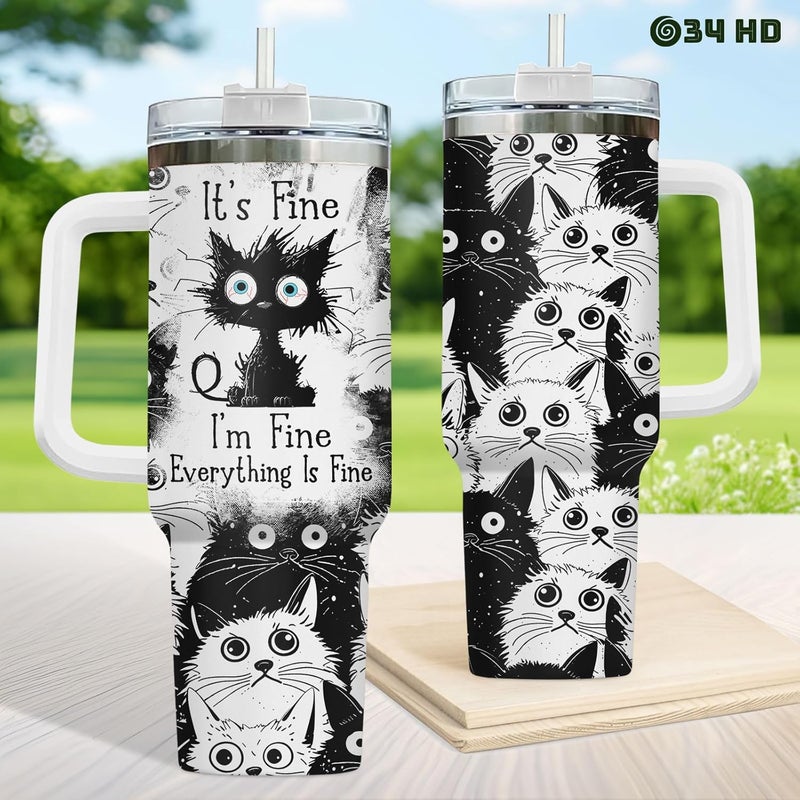 34HD Funny Black Cat 40oz Tumbler with Handle and Straw, Everything Is Fine Stainless Steel Vacuum Insulated Cup, Birthday & Mothers Gifts for Pet Lovers, Him Her and Mom - Image 4