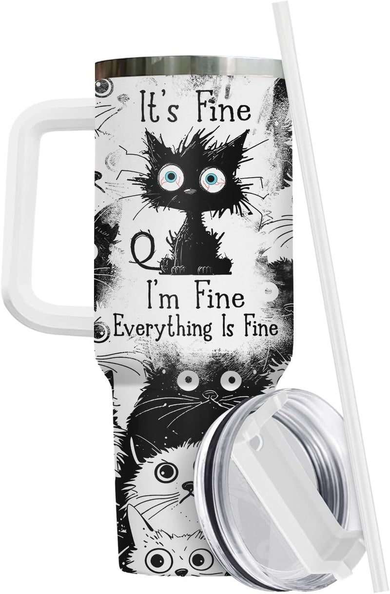 34HD Funny Black Cat 40oz Tumbler with Handle and Straw, Everything Is Fine Stainless Steel Vacuum Insulated Cup, Birthday & Mothers Gifts for Pet Lovers, Him Her and Mom - Image 2